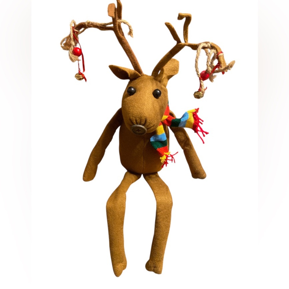 Brown Plush shelf sitting Reindeer with Colorful Scarf.